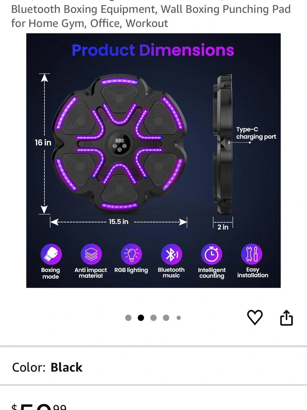Bluetooth Smart Music Boxing Trainer - Black with Purple LEDs